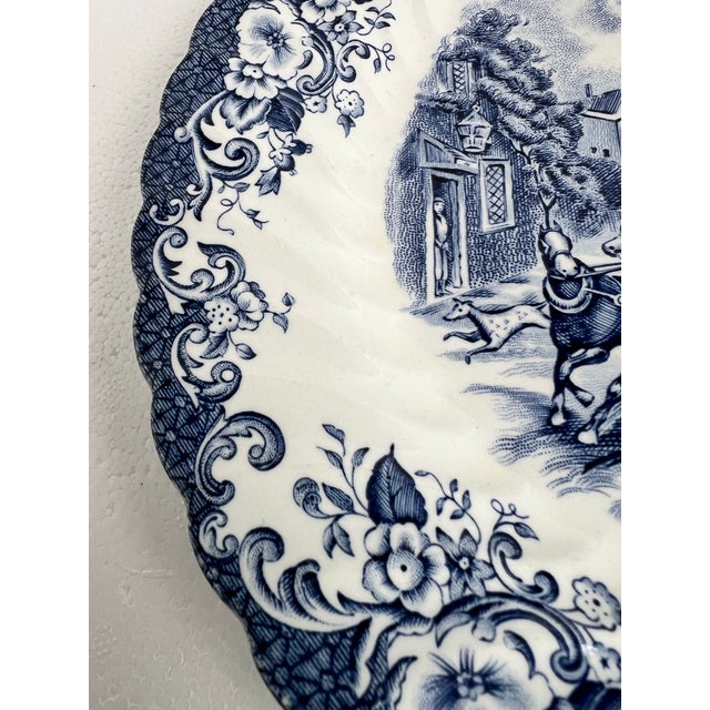 English Vintage Johnson Brothers Blue & White "Coaching Scenes" 9.5" Dinner Plates - Set of 2 For Sale - Image 3 of 8