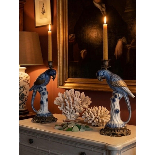 Metal A Pair of Vintage Hollywood Regency Style Blue & White Ceramic Parrot Candle Holders For Sale - Image 7 of 12