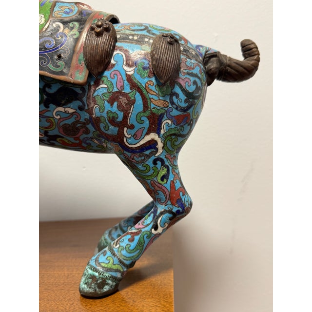 Antique Chinese Cloisonné Prancing Horse Sculpture | Large Republic Period Bronze & Enamel Figurine | Turquoise Scrollwork | 18" Asian Art For Sale - Image 10 of 12
