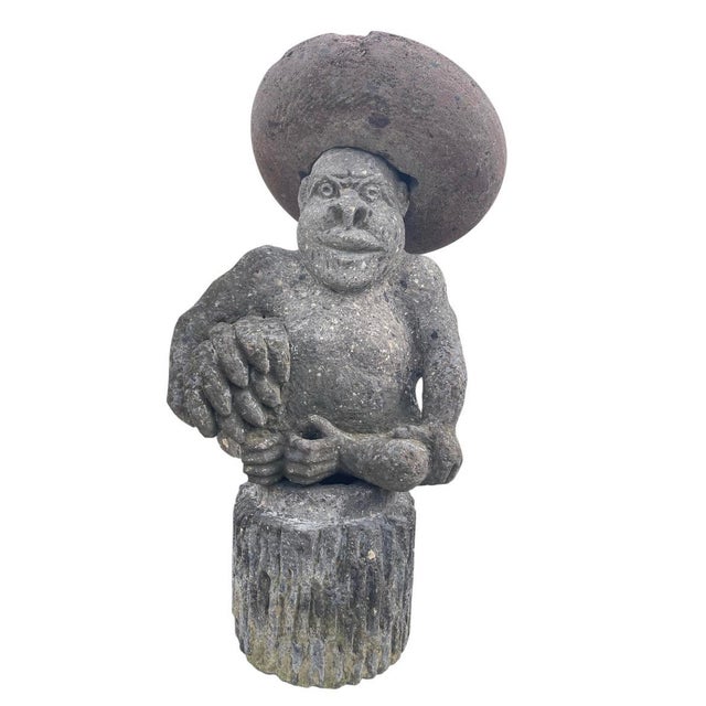 1990s Vintage Hand-Carved Volcanic Stone Whimsical Monkey With Sombrero & Bananas Garden Statue For Sale - Image 5 of 12