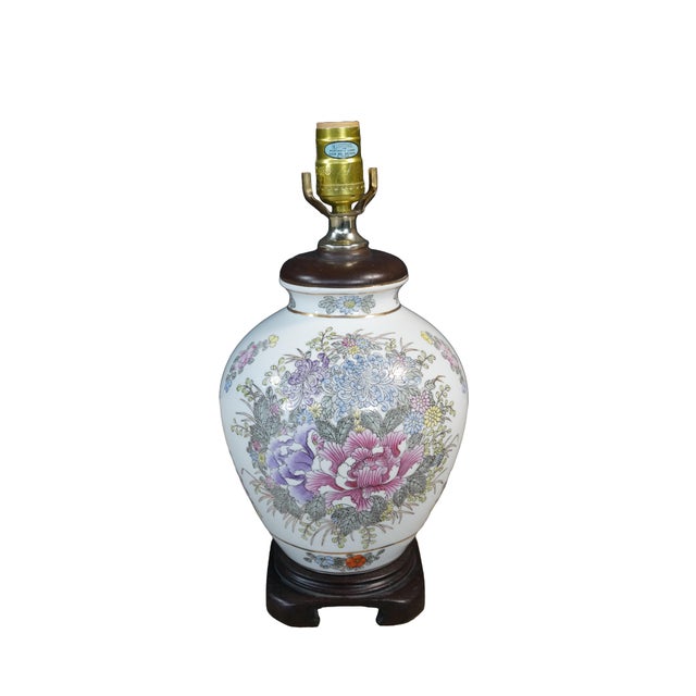 Chinoiserie Vintage Hand-Painted Floral Chinoiserie Porcelain Ginger Jar Urn Lamp Peonies For Sale - Image 3 of 18