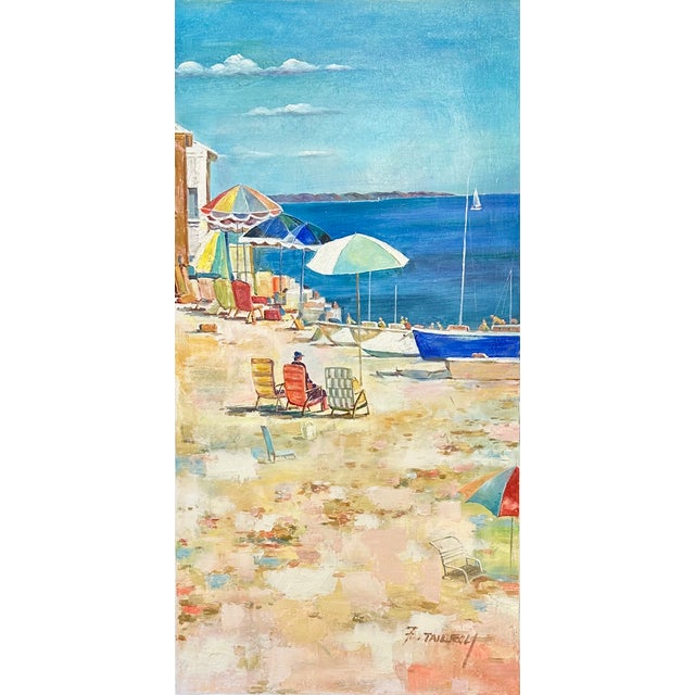 A charming original seaside painting by F. Tailroy, capturing a lively Mediterranean-style harbor scene with colorful...