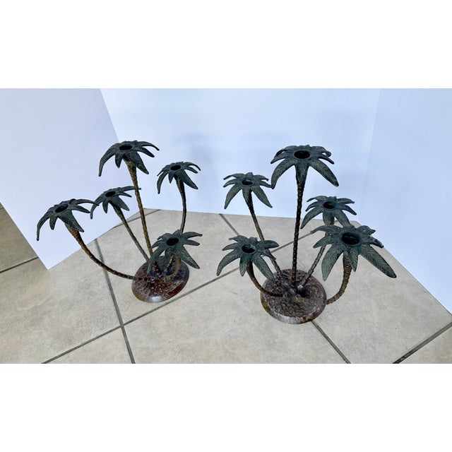 1970s Pair Patinated Tole Metal Palm Tree 5 Arm Candlestick Holders For Sale - Image 5 of 15