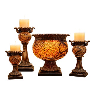 Vintage Jeweled Mosaic Pedestal Bowl and 3 Candleholders Gold Amber For Sale