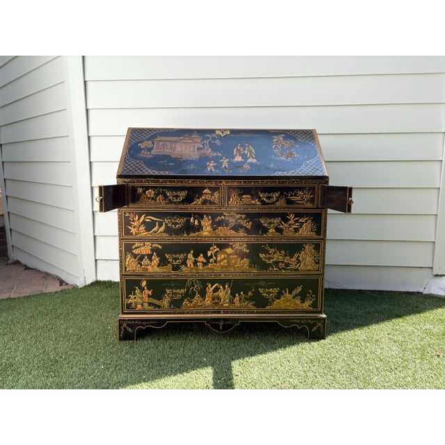Black Georgian Furnishing Co. Black & Gold Chinoiserie Secretary Desk For Sale - Image 8 of 10