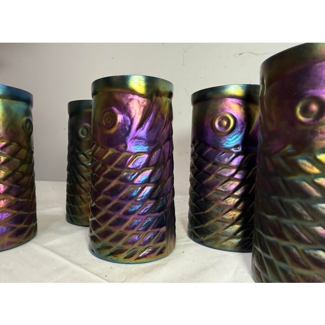 Contemporary 1990s John Cook Koi Fish Iridescent Cobalt Glass Tumbler Cup - Lot of 8 For Sale - Image 3 of 15