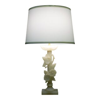 1930s Neoclassical Floral Column Carved Alabaster Marble Brass Table Lamp For Sale