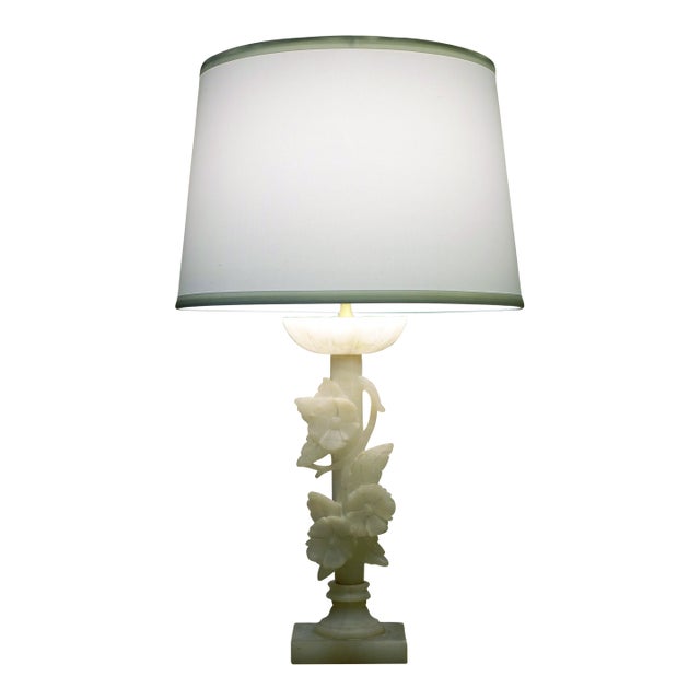 1930s Neoclassical Floral Column Carved Alabaster Marble Brass Table Lamp For Sale