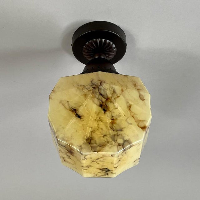 Art Deco Marbled Opaline Glass and Burnished Brass Flush Mount, Germany, 1920s For Sale - Image 6 of 18