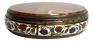 Large French Gilt Metal Champleve Enamel and Agate Oval Snuff Box