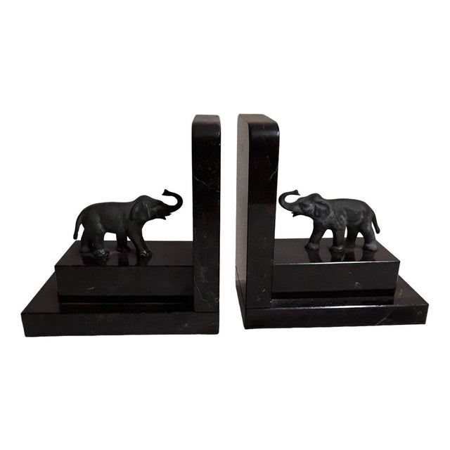 Metal German Art Deco Book Supports in Black and Gray Stone with Green-Patinated Bronze Elephants, 1930s, Set of 2 For Sale - Image 7 of 7