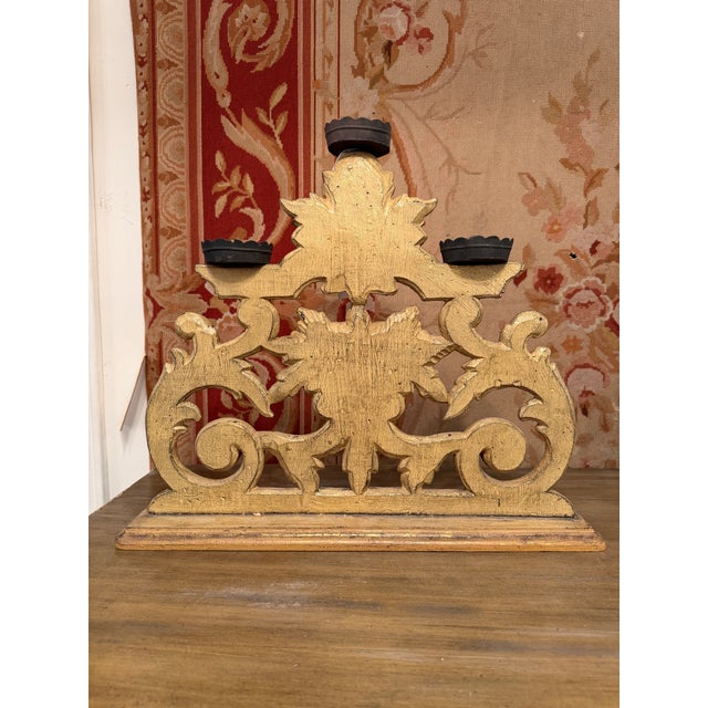 Pair of Antique Italian Baroque Style Giltwood 3-Light Candelabras For Sale - Image 4 of 5