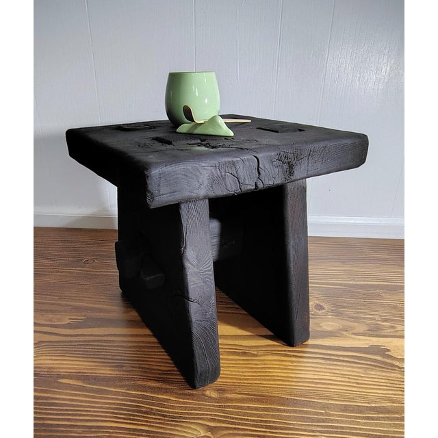Yakisugi -Shou Sugi Ban Charred Barnwood Stool, Reclaimed Accent Table, Wabi Sabi Plant Stand For Sale - Image 11 of 13