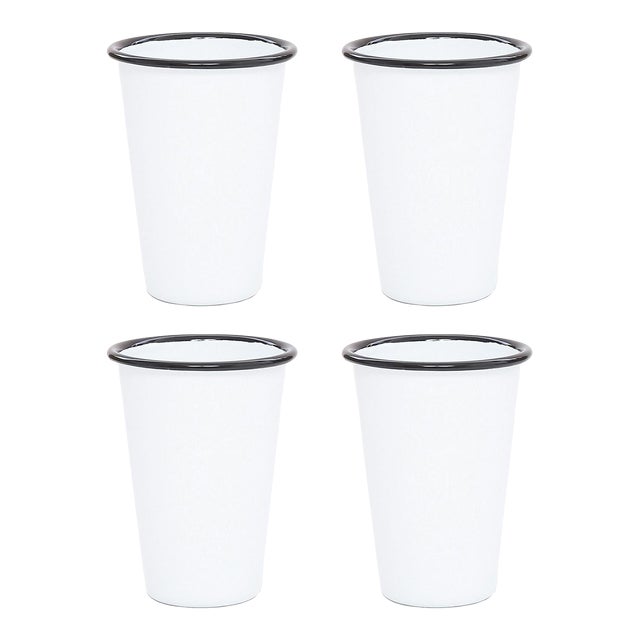 Crow Canyon Home Enamelware, Vintage 14 oz. Tumblers in White with Black Rim - Set of 4 For Sale