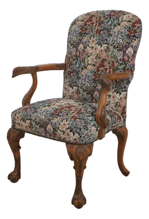 Tapestry Upholstered Eagle Carved Arm Clawfoot Chair