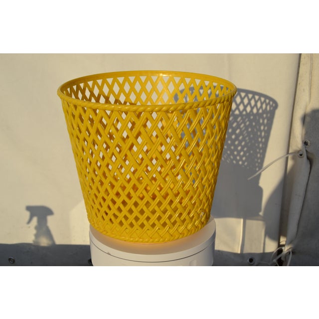 Plastic 1970s Faux Basket Weave Yellow Plastic Wastebasket For Sale - Image 7 of 9