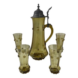 Antique Stein Jug and Glasses with Pewter Lid from Gebruder Thanhausen Munchen, Germany, Set of 5 For Sale
