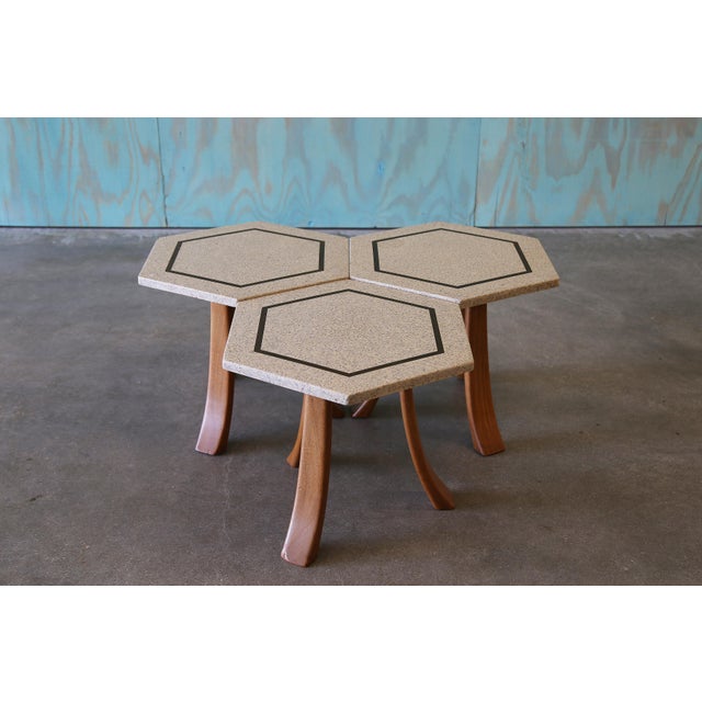 Mid-Century Modern 1950s Harvey Probber Terrazzo Brass Walnut Hexagon Side Tables Set of 3 For Sale - Image 3 of 11
