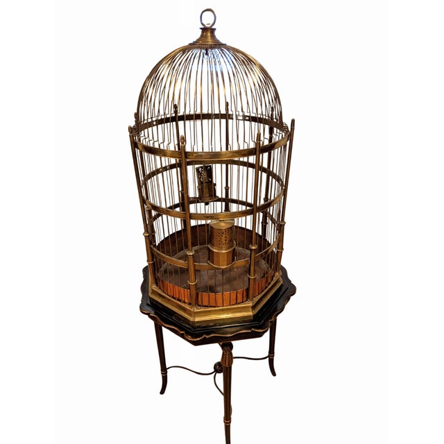 Brass 1960s Grand Victorian Style Brass and Copper Birdcage on Custom Made Designer Hexagon Table/ Stand For Sale - Image 8 of 15