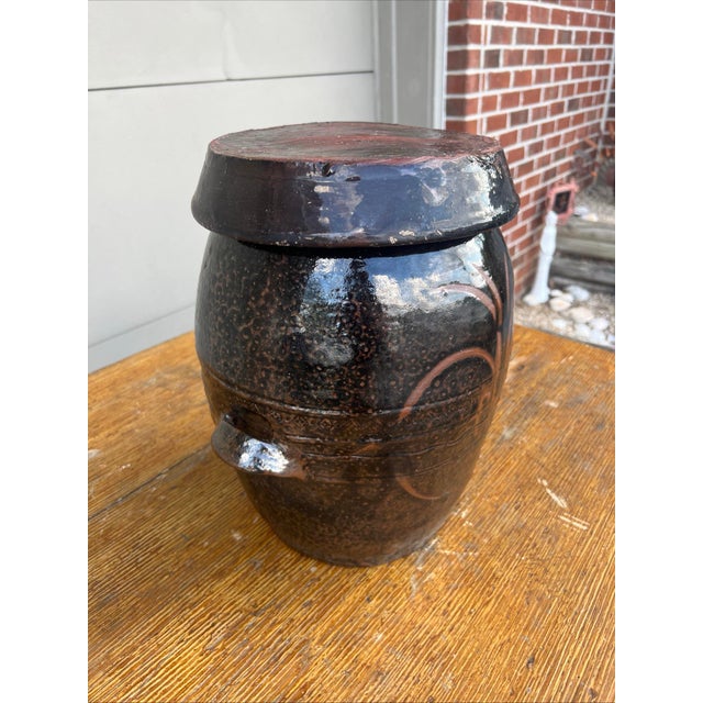 A Antique Redware Korean Traditional Onggi Fermentation Jar, w/Lid, Ca. 1920’s Made in Korea, circa 1900-1920’s Deep brown...