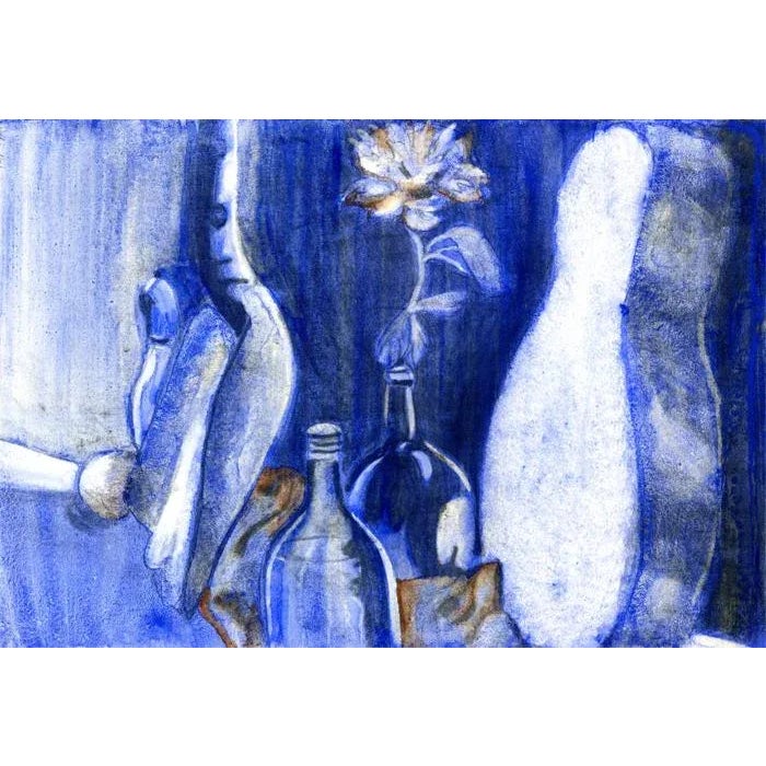 Vintage Original Blue and White Fauvist MixedMedia Painting, "Blue