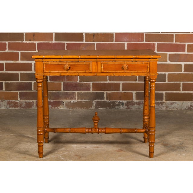 Mid 20th Century English Pine Faux Bamboo Desk with Two Drawers and H-Form Cross Stretcher For Sale In Atlanta - Image 6 of 12