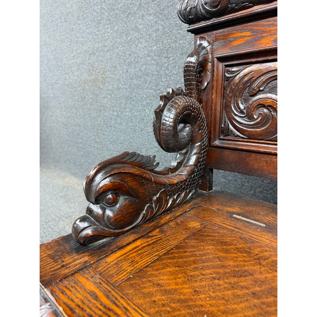 Rj Horner Style American Carved Quarter Sawn Oak Hall Bench With Lift Seat Storage For Sale - Image 9 of 12
