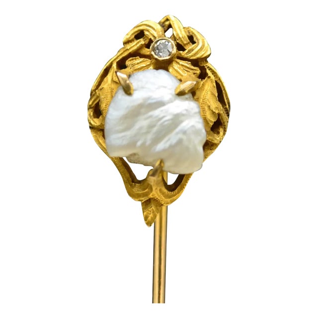 A Natural Pearl and Old Mine Cut Diamond Stick Pin For Sale