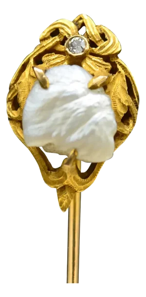 A Natural Pearl and Old Mine Cut Diamond Stick Pin