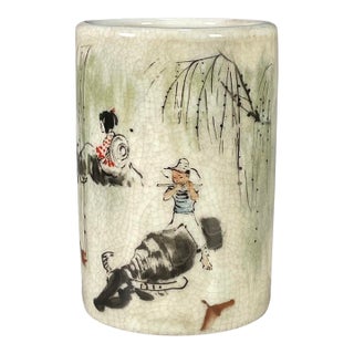 Crackle Glaze Porcelain Brush Pot With Herding Scene For Sale
