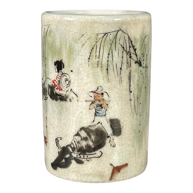 Crackle Glaze Porcelain Brush Pot With Herding Scene For Sale