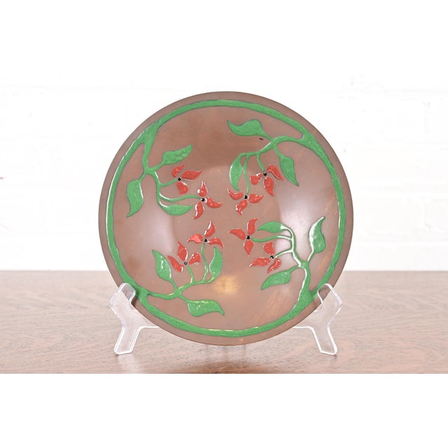 A gorgeous Arts & Crafts period hammered copper plate with floral enamel design By The Art Crafts Shop of Buffalo, N.Y....