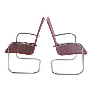 Tubular Chrome and Woven Plastic Cantilevered Lounge Chairs - A Pair