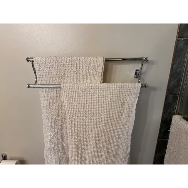 Tradition towel rack in chrome, two rows, off-set, gracefully curved brackets, invisible wall mounts.. From Restoration...