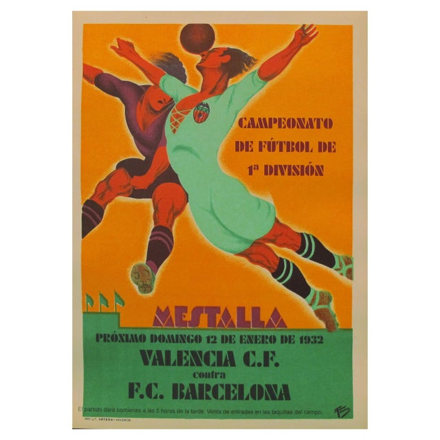 1932 Spanish Soccer Poster, Mestalla, Valencia vs. f.c. Barcelona, 12 Enero 1932 For Sale