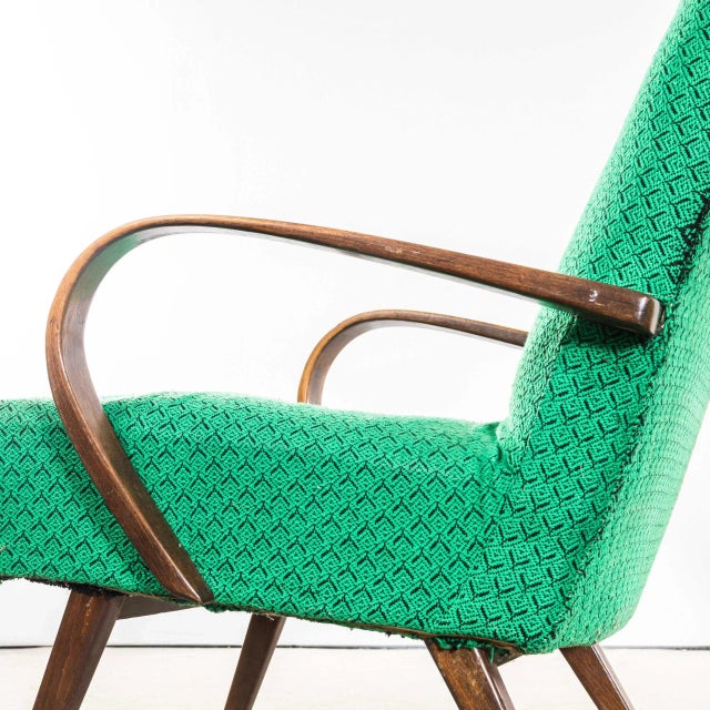 : 1950’s Jaroslav Šmídek Original Armchairs In A Green Geometric Jacquard – Sprung Seat. Sourced direct in the Czech...