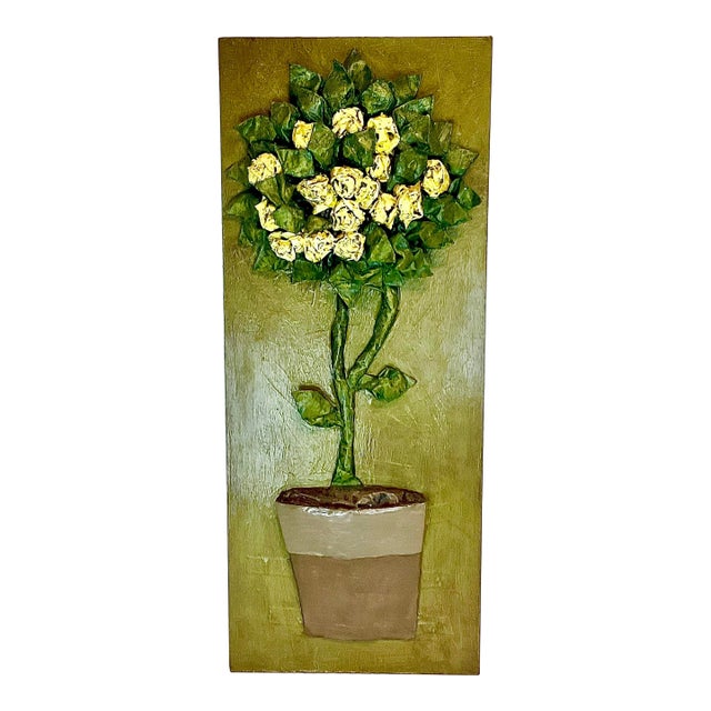 1970s Vintage Boho Chic Folk Art Paper Mache’ Sculptural Rose Topiary on Wood For Sale