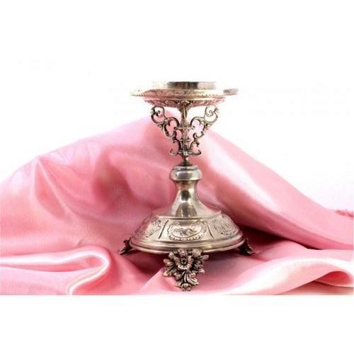 Metal Low Silver Candlestick with Engravings and Reliefs, Feet and Cut-Out Floral Motifs For Sale - Image 7 of 8