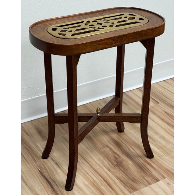 Vintage Wood With Brass Insert Side Table Candle Stand Kettle Table For Sale In Kansas City - Image 6 of 10