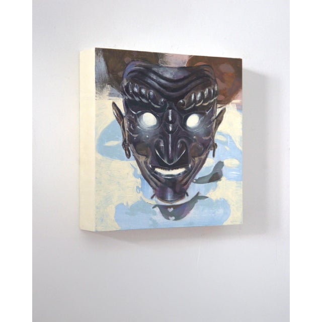 Asian Sonem by Elena Burykina | Oil on panel Black mask with white eyes and a smiling mouth. For Sale - Image 3 of 3