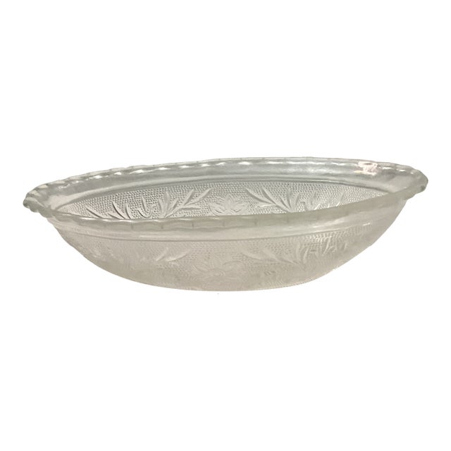 Vintage Clear Pressed Glass Oval Serving Bowl With Floral Design For Sale