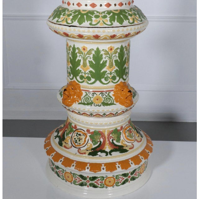 Ceramic Monumental Florentine Hand Painted Signed Lamp with Caned Pagoda Shade For Sale - Image 7 of 12