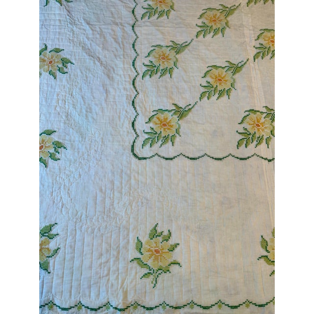 Farmhouse Antique Handmade Embroidered Quilt – Floral Folk Art Bedspread, Reversible, 92” X 95” For Sale - Image 3 of 13