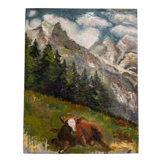 "Cow in the Swiss Alps", Original Oil Painting, by Van Ness For Sale