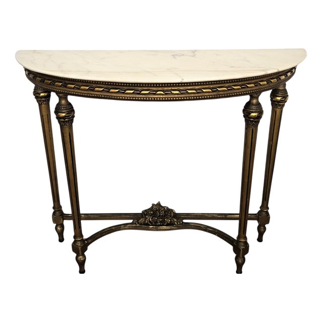 Mid-Century Italian Demi Lune Wall Console Table in Gilt Wood with Marble Top, 1950s For Sale