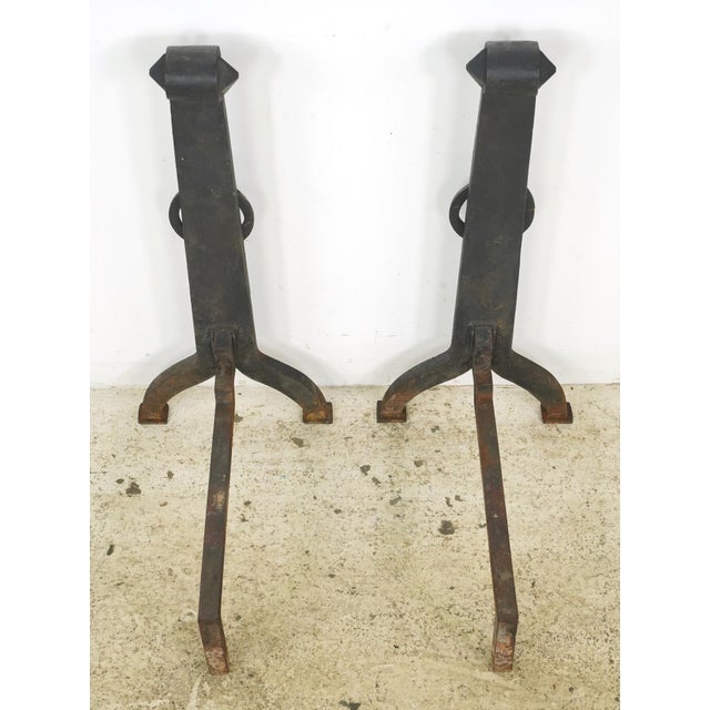 Black Pair of Antique Arts & Crafts Wrought Iron Andirons For Sale - Image 8 of 8
