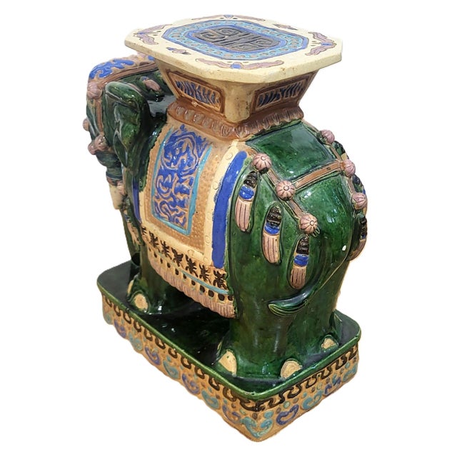 Pair Vintage Chinese Asian Glazed Terracotta Elephant Garden Stool Table Benches For Sale - Image 9 of 18