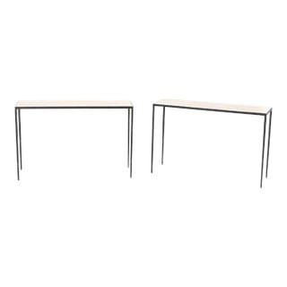 Pair of Iron and Parchment Console Tables Having Tapered Legs in the Manner of Jean-Michel Frank For Sale