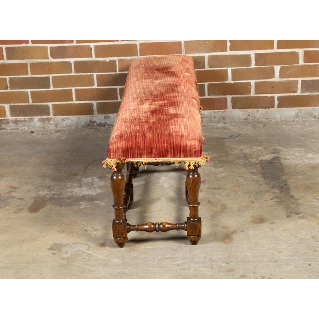 Brown Italian 1820s Walnut Bench with Red Fabric, Turned Legs and Stretchers For Sale - Image 8 of 11