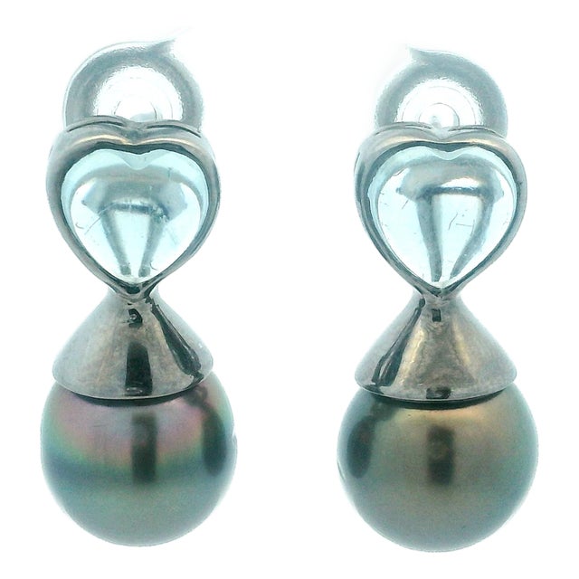 18k Black Rhodium Heart Aquamarine & Black Pearl Drop Earrings, Pair For Sale